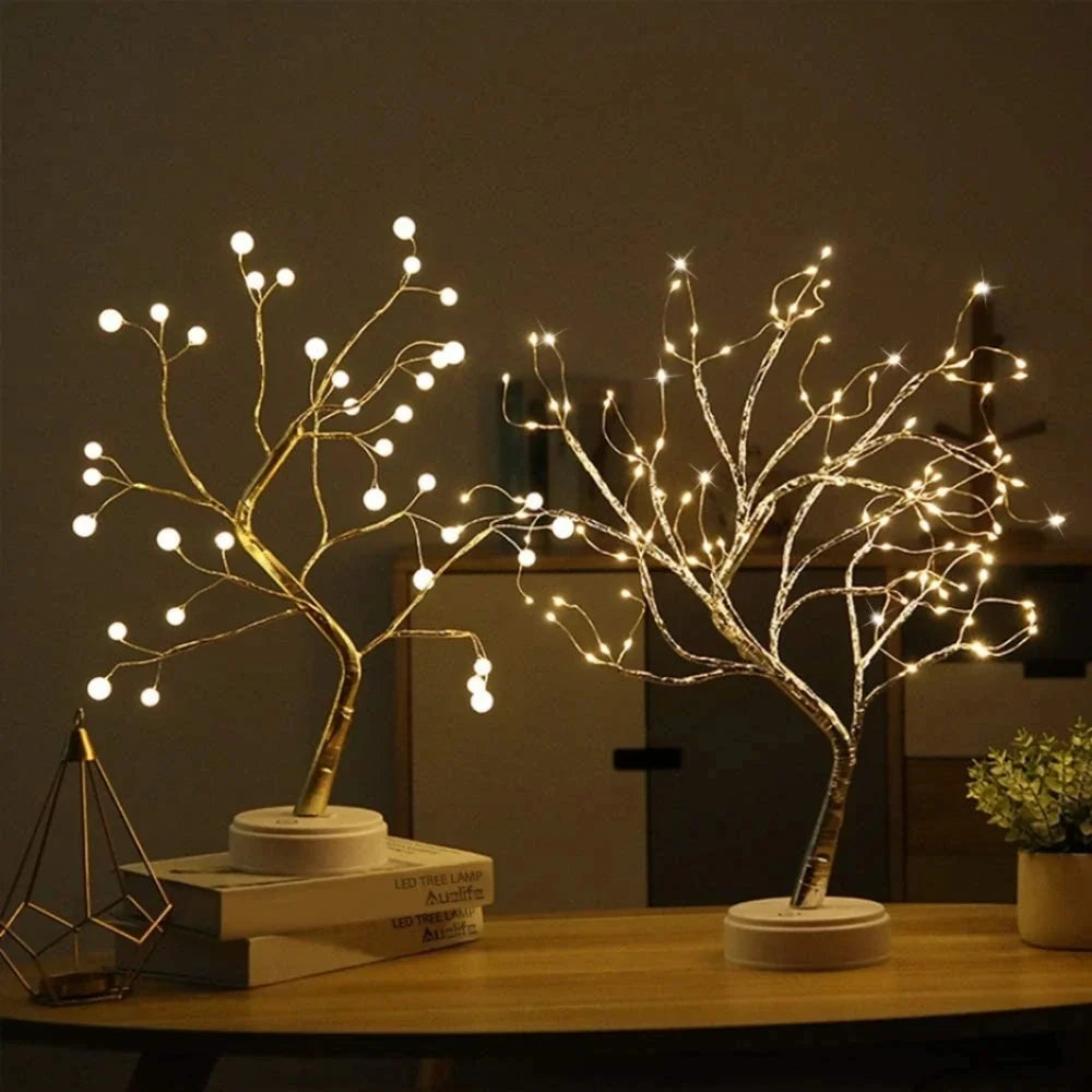 LED Branch Light Tree, Copper Wire | Drop or Pearl Shades, Warm White Glow | Adjustable Branches, USB or Battery Powered