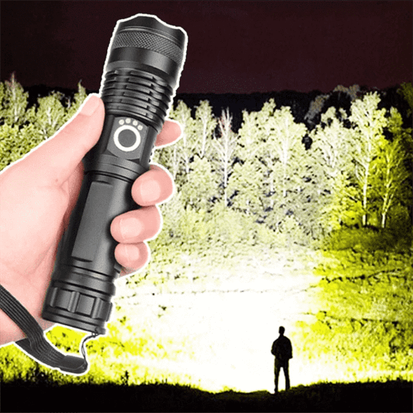 LED Flashlight XHP50 | Zoomable, 3 Modes, Up to 90000 Lumens | USB Rechargeable 18650/26650 Battery, IPX-6 Water-Resistant