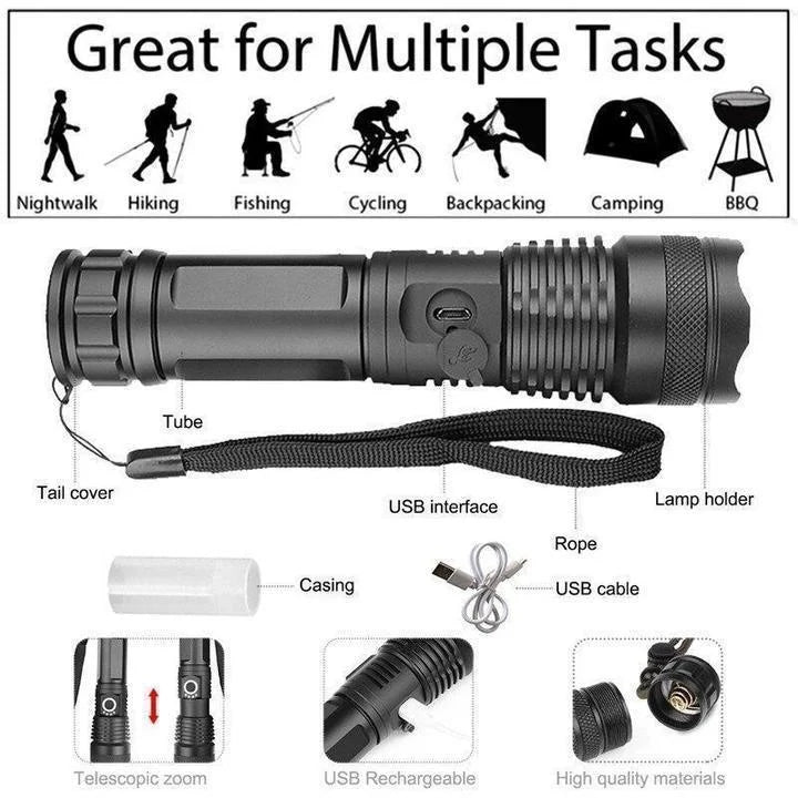 LED Flashlight XHP50 | Zoomable, 3 Modes, Up to 90000 Lumens | USB Rechargeable 18650/26650 Battery, IPX-6 Water-Resistant