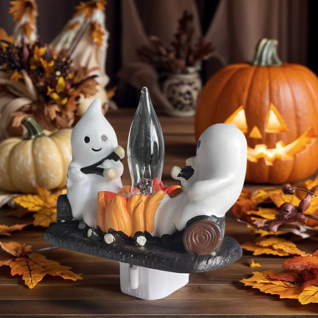 LED Ghost Figurine Halloween Decor | Flickering Warm Fire-Light Effect | Reusable Battery-Operated Resin Decoration