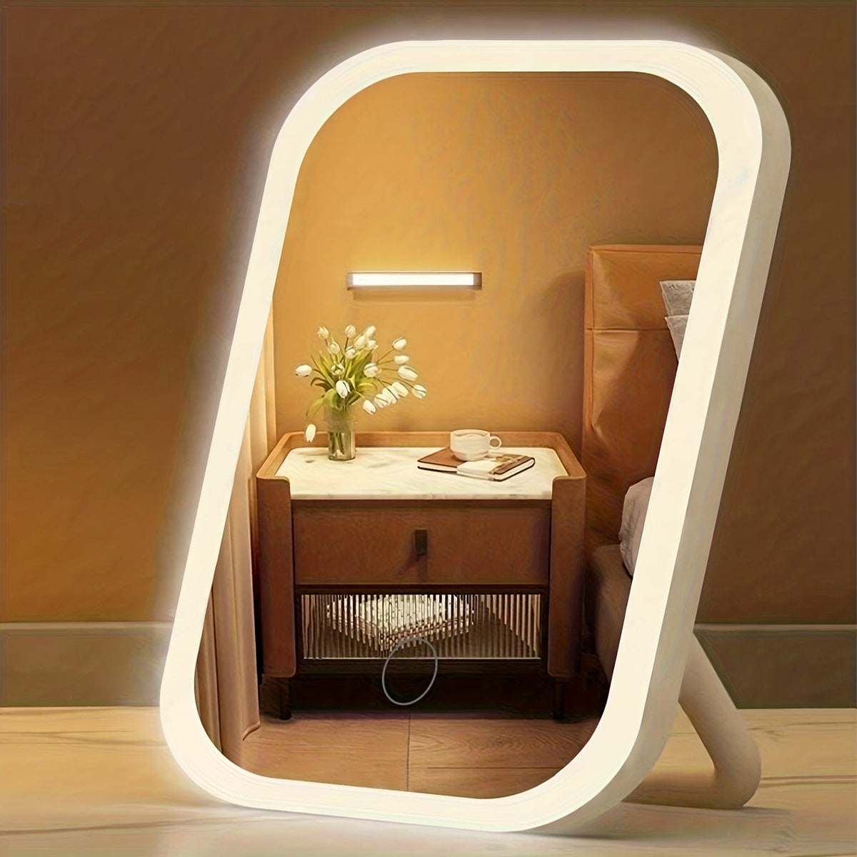 LED Makeup Mirror ABS Plastic 18 x 14 cm | White & Pink | USB Rechargeable Touch Control, 3 Color Lighting Modes