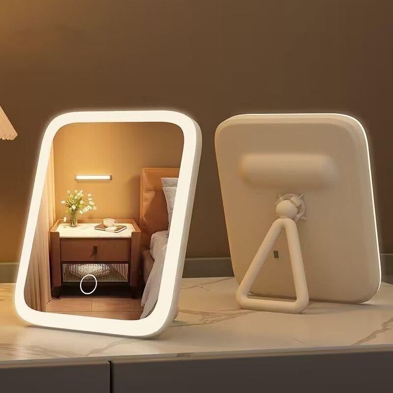 LED Makeup Mirror ABS Plastic 18 x 14 cm | White & Pink | USB Rechargeable Touch Control, 3 Color Lighting Modes