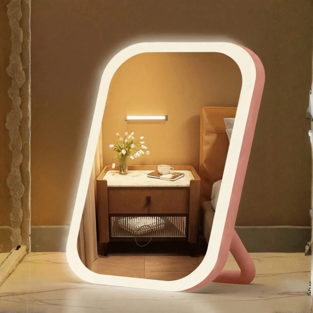 LED Makeup Mirror ABS Plastic 18 x 14 cm | White & Pink | USB Rechargeable Touch Control, 3 Color Lighting Modes