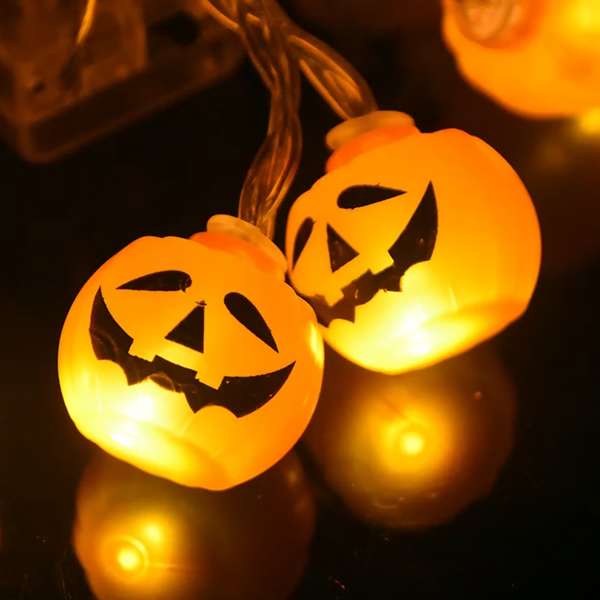 LED Pumpkin String Lights for Halloween | Battery-Powered with Carved Smiley Faces | Warm Glow Indoor Outdoor Decor