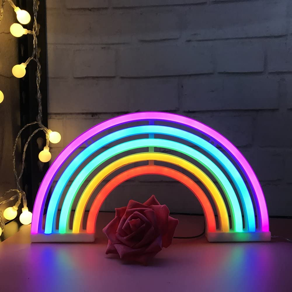 LED Rainbow Neon Sign | Dual Powered by USB or 3AA Batteries | Colourful Wall Decor for Bedroom, Gaming Room & Parties