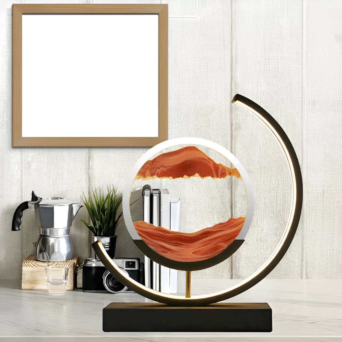 LED Sand Art Table Lamp | Rotating Disc, Curved Arm Glow