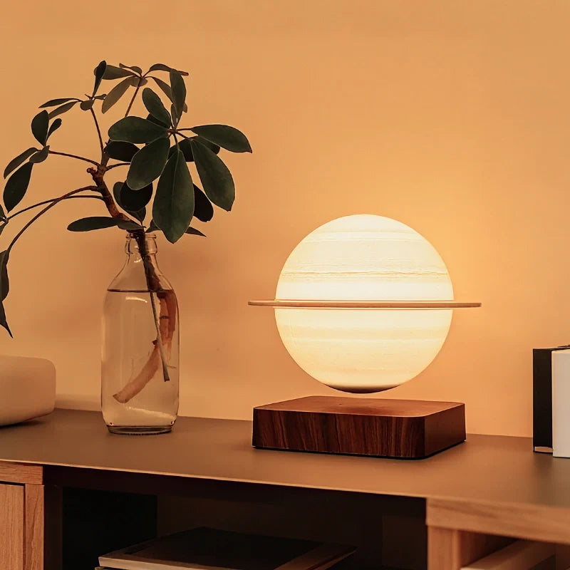 Levitating Planet Lamp | Magnetic 360° Rotation & Realistic Planet Texture | Wood or Illuminated Base Night Light