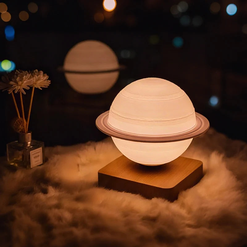 Levitating Planet Lamp | Magnetic 360° Rotation & Realistic Planet Texture | Wood or Illuminated Base Night Light