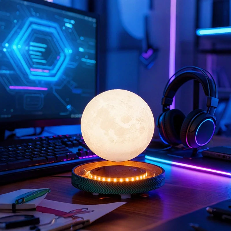 Levitating Planet Lamp | Magnetic 360° Rotation & Realistic Planet Texture | Wood or Illuminated Base Night Light