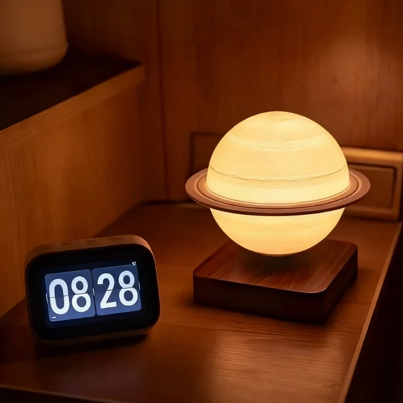 Levitating Planet Lamp | Magnetic 360° Rotation & Realistic Planet Texture | Wood or Illuminated Base Night Light
