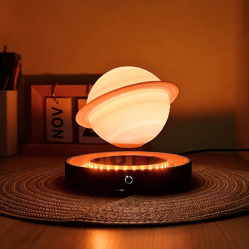 Levitating Planet Lamp | Magnetic 360° Rotation & Realistic Planet Texture | Wood or Illuminated Base Night Light