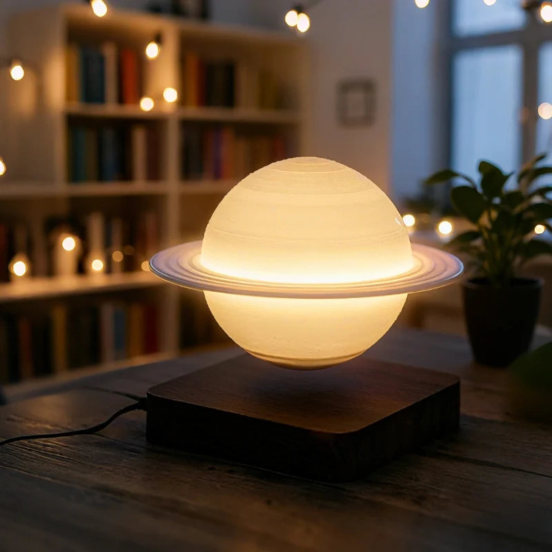 Levitating Planet Lamp | Magnetic 360° Rotation & Realistic Planet Texture | Wood or Illuminated Base Night Light