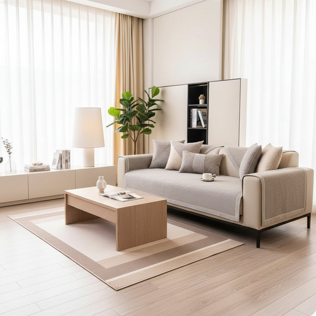 Linen Sofa Cover | Non-Slip Textured Throw with Braided Trim