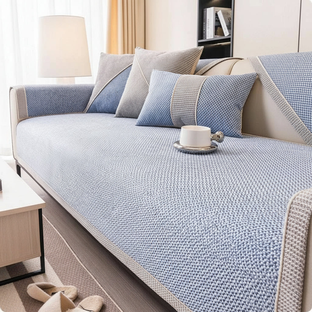 Linen Sofa Cover | Non-Slip Textured Throw with Braided Trim