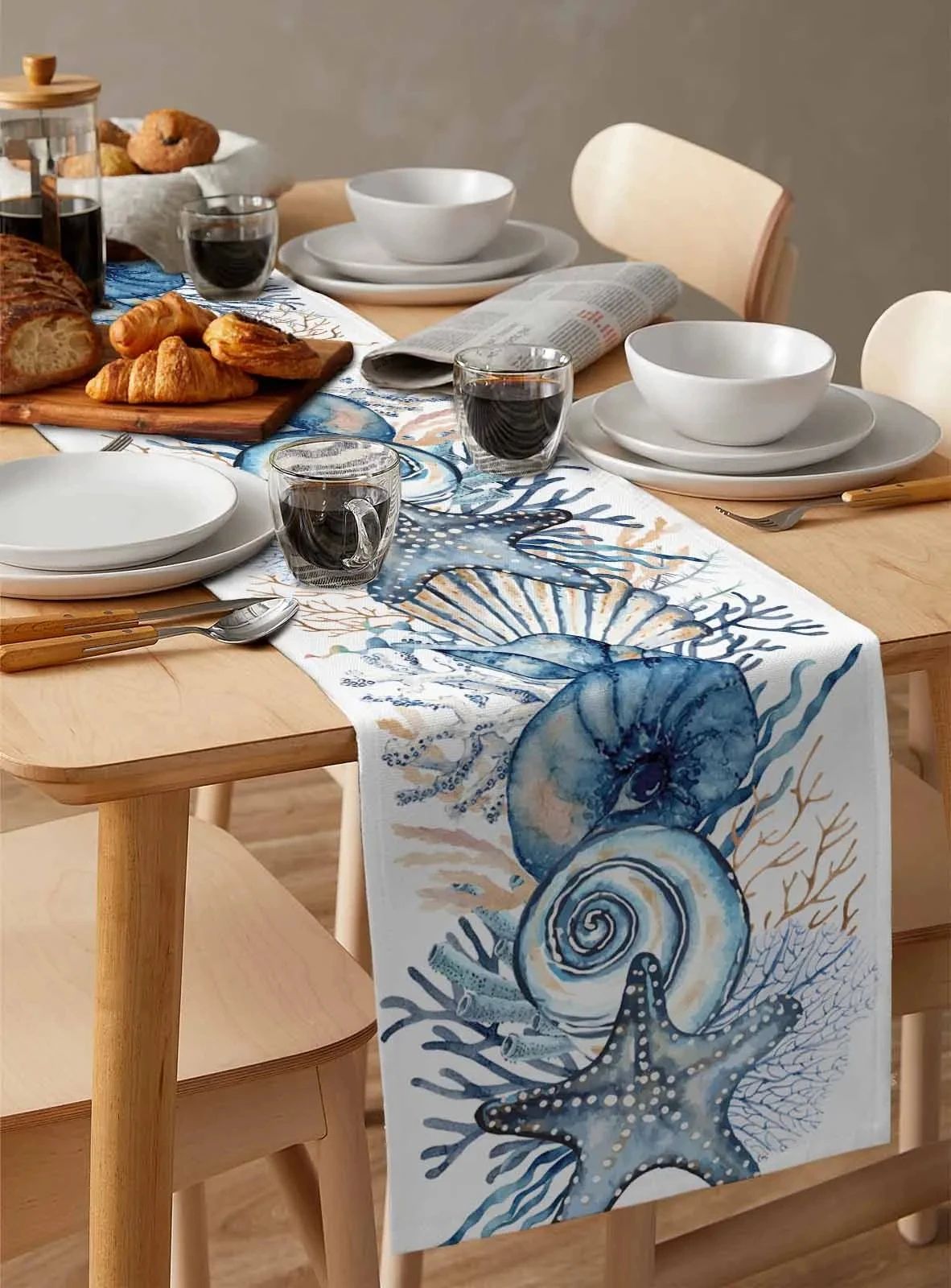 Linen Table Runner 100% Linen | Conch & Coral Print Design | Fade & Shrink Resistant, Breathable Fabric for Dining