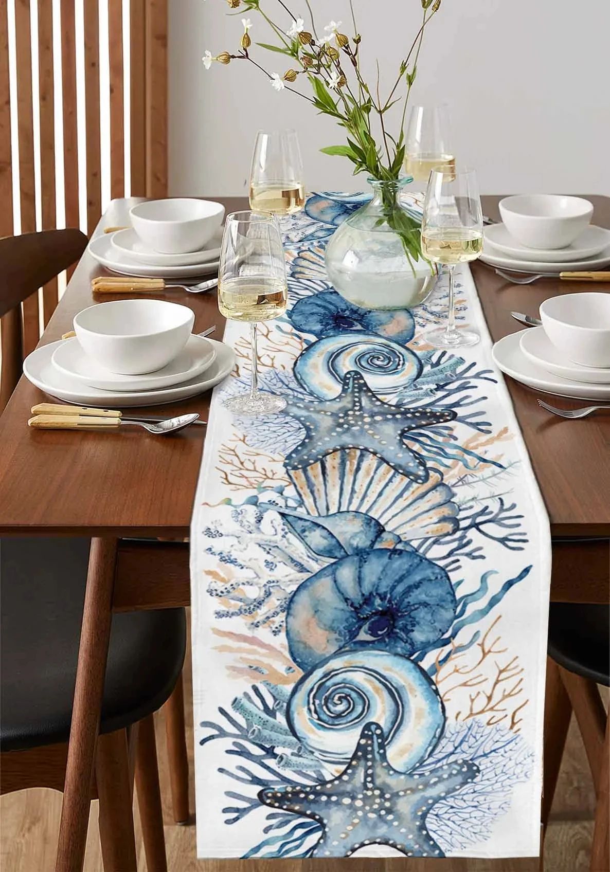Linen Table Runner 100% Linen | Conch & Coral Print Design | Fade & Shrink Resistant, Breathable Fabric for Dining