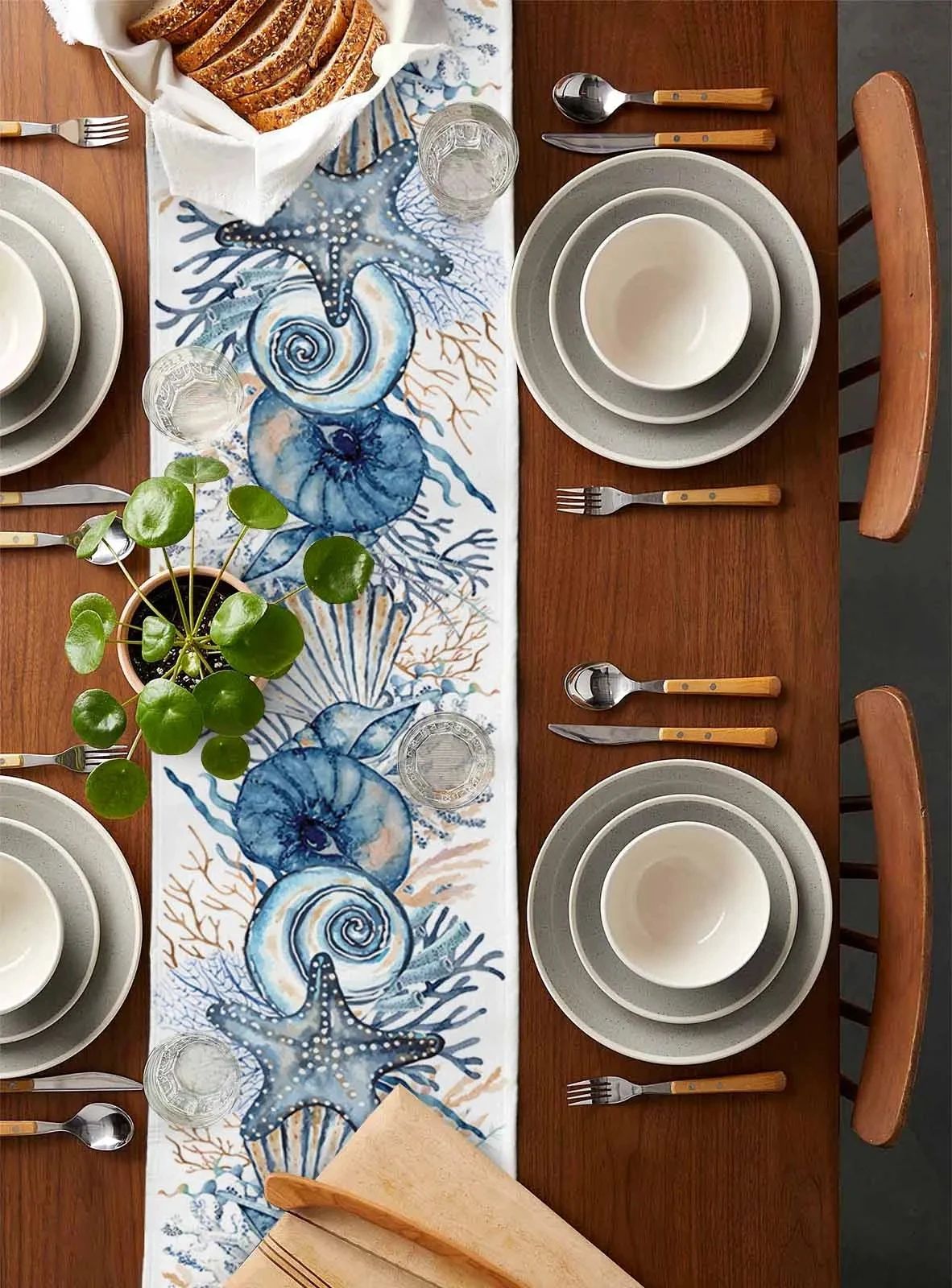 Linen Table Runner 100% Linen | Conch & Coral Print Design | Fade & Shrink Resistant, Breathable Fabric for Dining