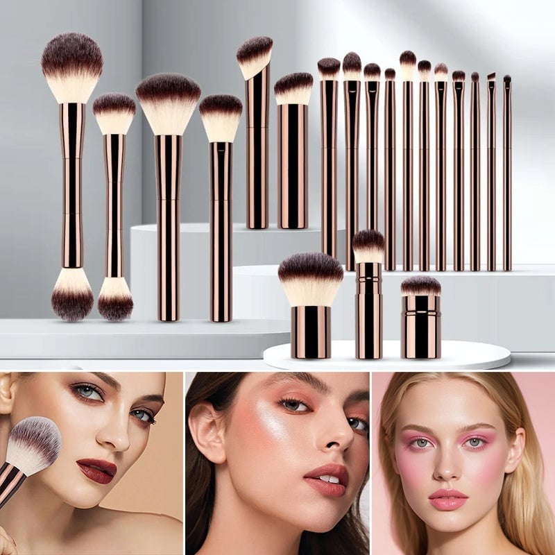 Makeup Brush Set Double-Ended Soft Bristle with Foldable Travel Bag