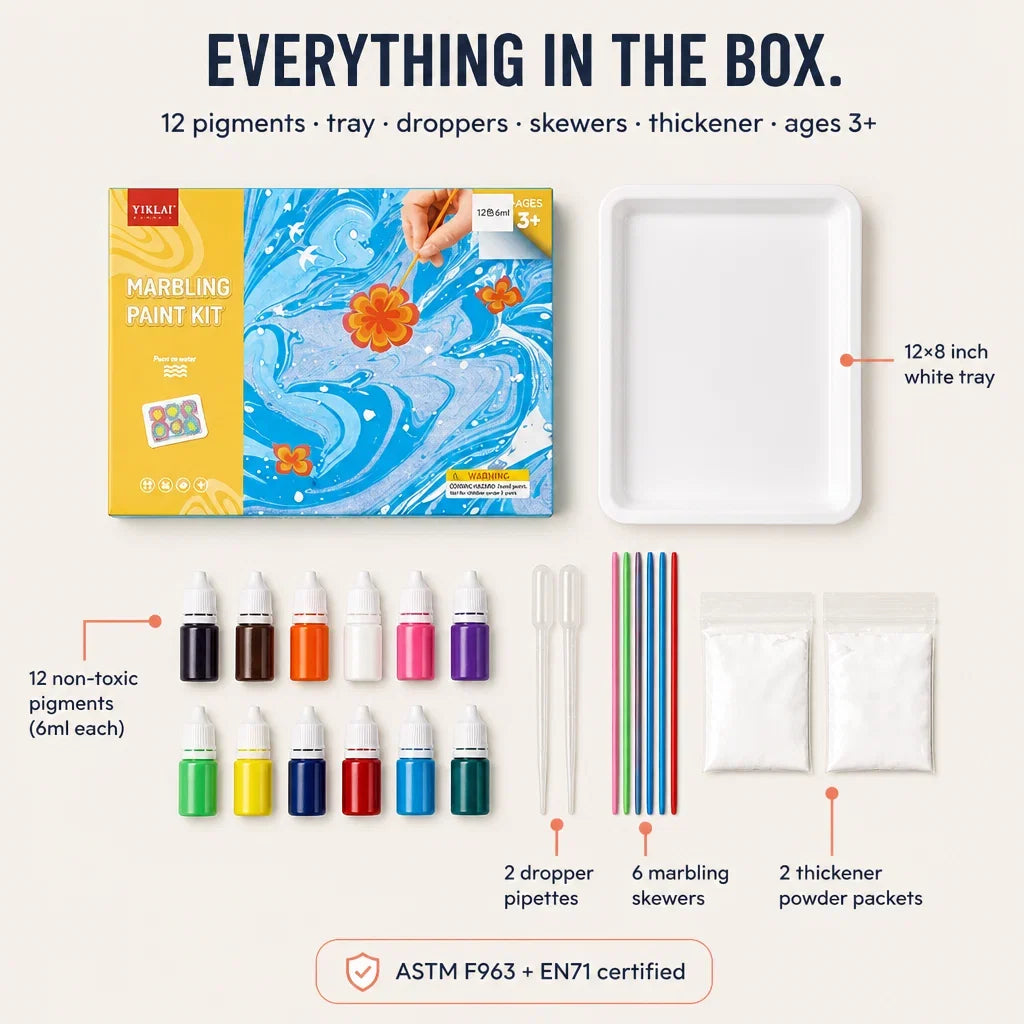 Marble Art Pigment Kit | 6 or 12 Colour Tray Set | Mess-Free Water Marbling That Dries in Under 60 Seconds for Ages 3+