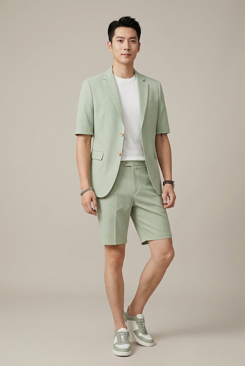 Men's Set - Short Sleeve Blazer with Matching Shorts - Textured Fabric - Regular Fit - Single-Button