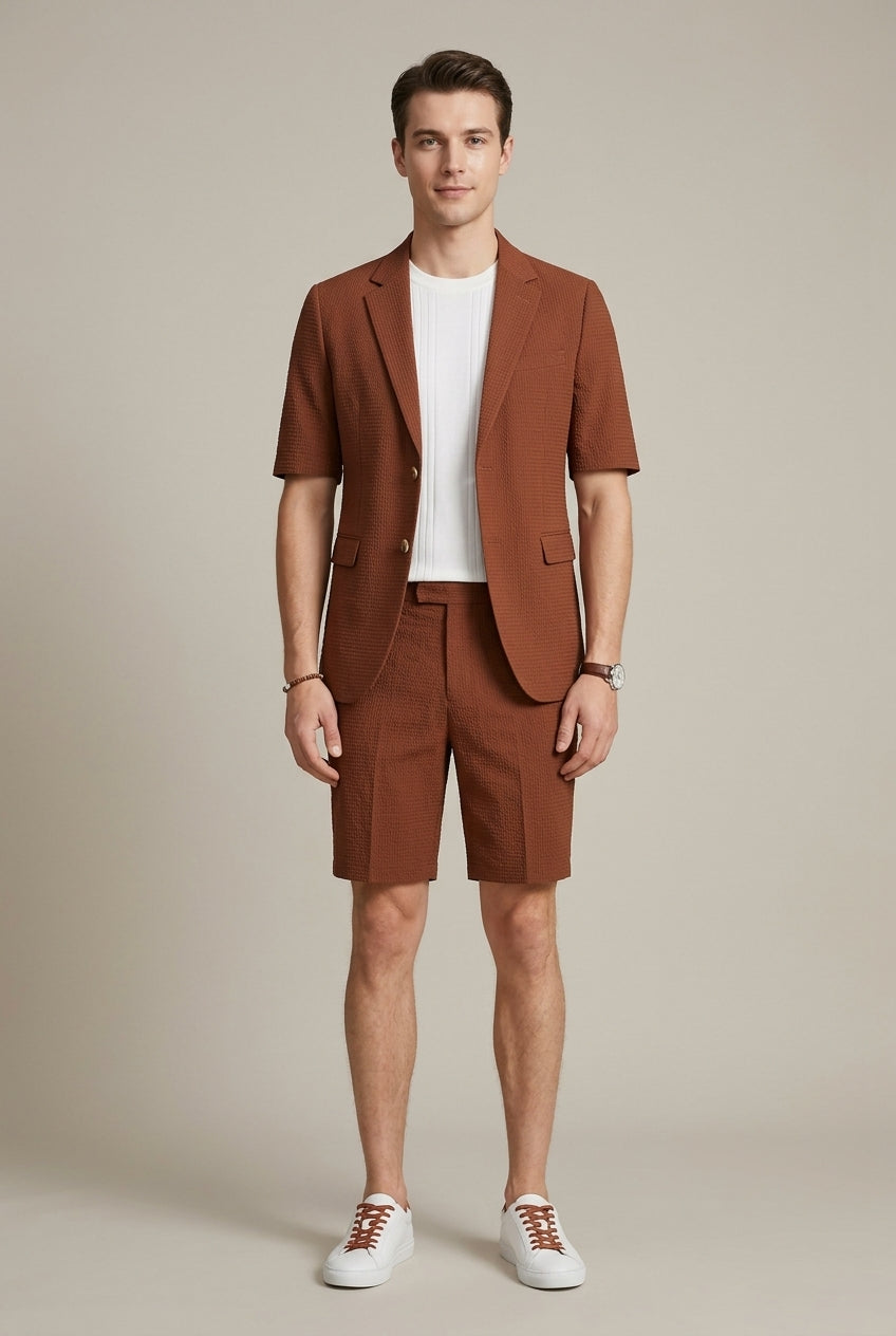 Men's Set - Short Sleeve Blazer with Matching Shorts - Textured Fabric - Regular Fit - Single-Button