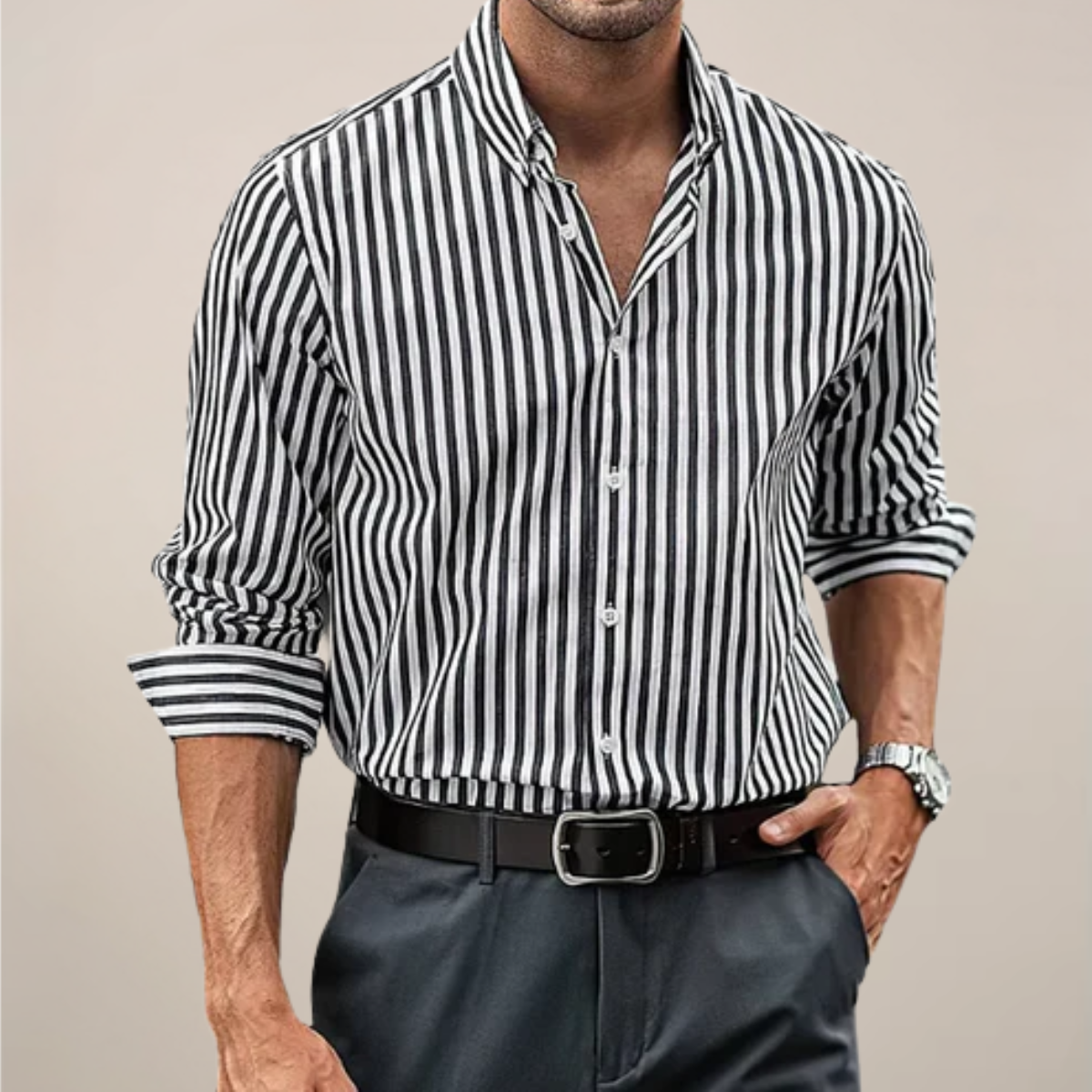 Men's Striped Dress Shirt - Long Sleeve - Button-Up - Structured Fit