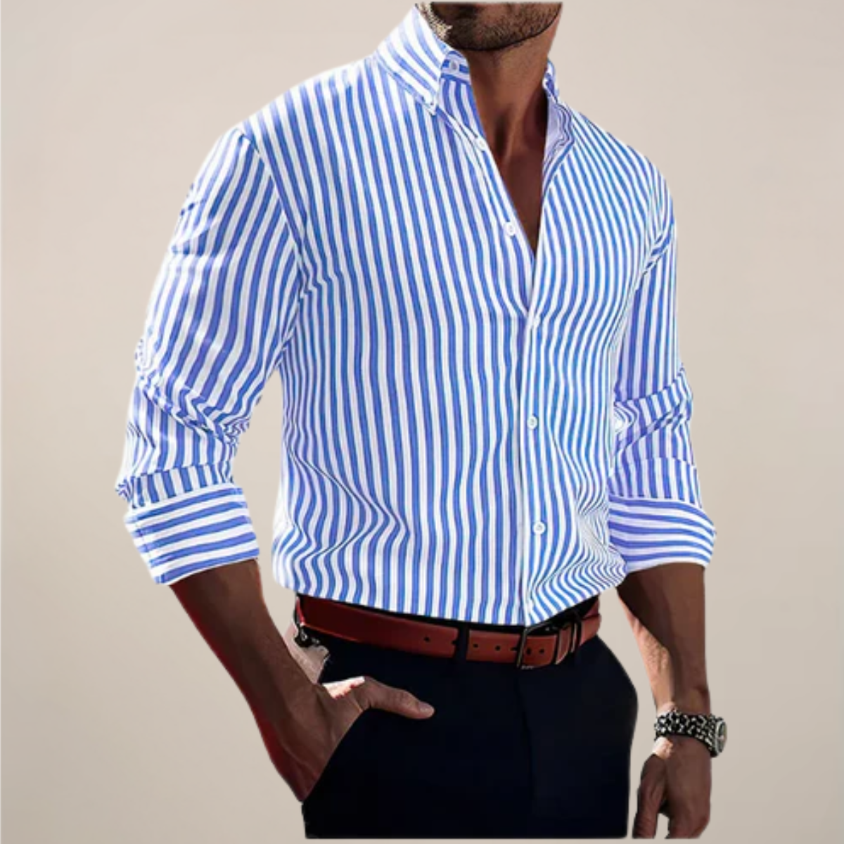 Men's Striped Dress Shirt - Long Sleeve - Button-Up - Structured Fit