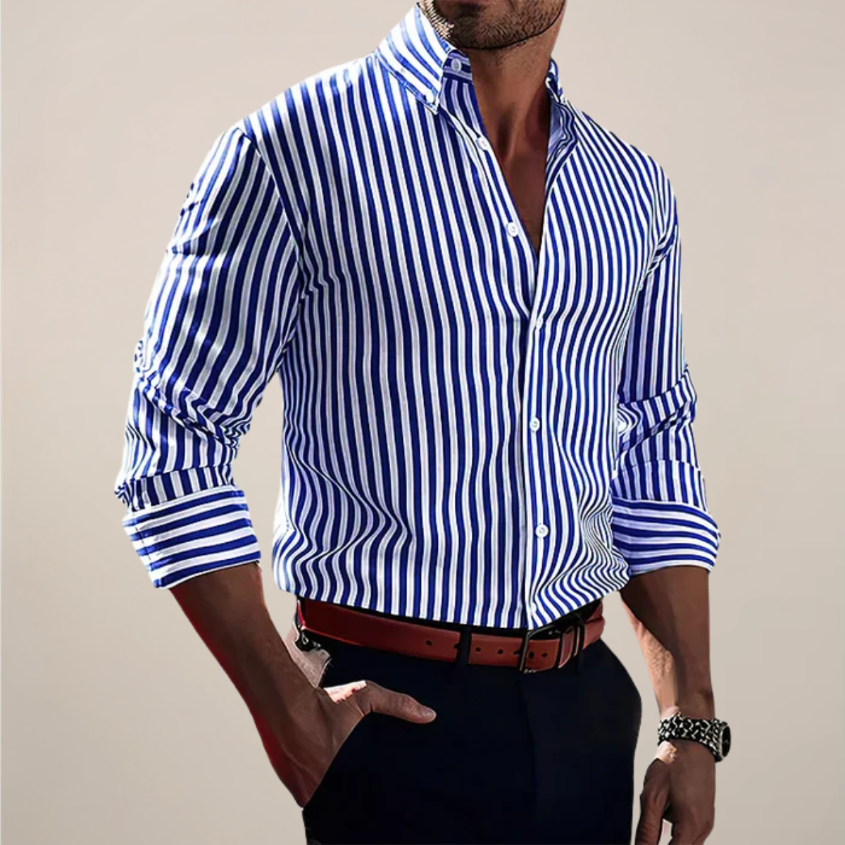 Men's Striped Dress Shirt - Long Sleeve - Button-Up - Structured Fit
