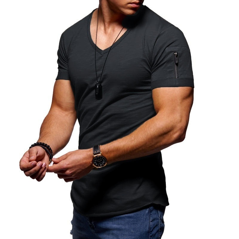 Men's T-Shirt - V-Neck - Slim Fit - Zip Pockets