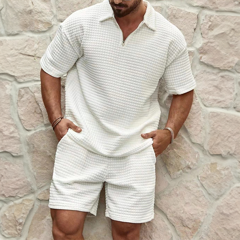 Men's Waffle Zip Polo Set - Regular Fit - Short Sleeve - Zip-Up - Elasticated