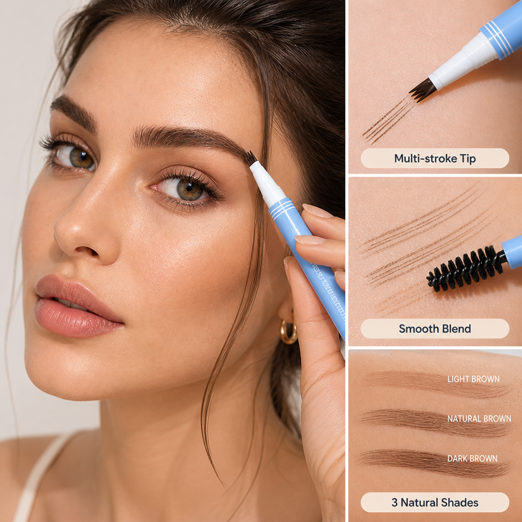 Microblading Brow Pen | Four-Prong Tip for Multi-Stroke Definition | Dual-Ended with Spoolie, Waterproof All-Day Wear