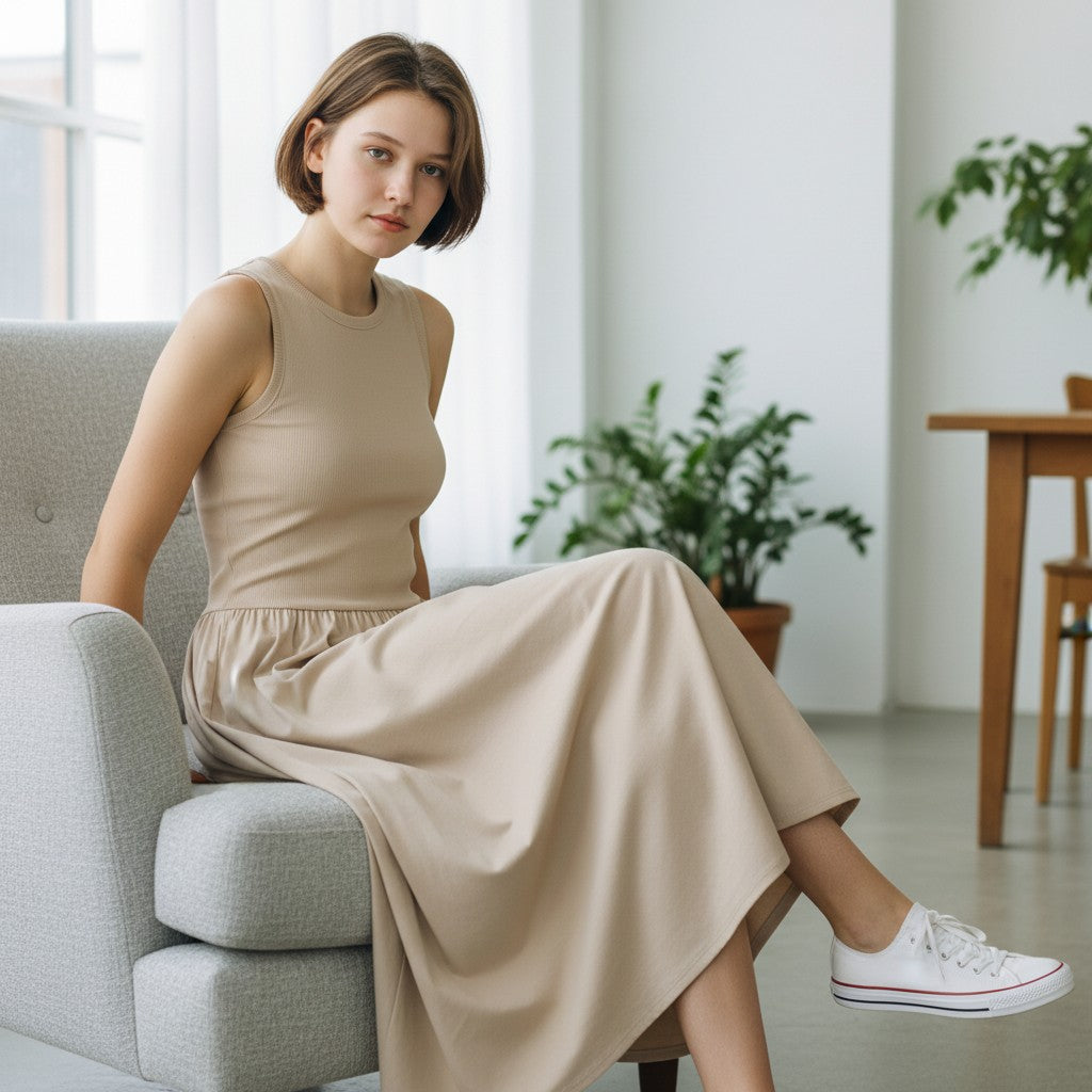 Midi Dress - Matte Fabric - Sleeveless - A-Line - Mid-Calf Length