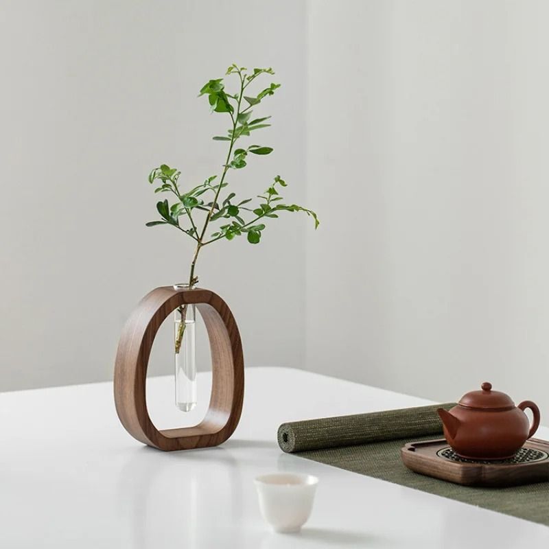 Mini Glass Flower Vase with Wooden Base | Single Stem Display Design | Compact Decor for Desks, Shelves & Bedside Tables