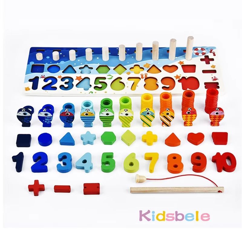 Montessori Math Puzzle Toy Wooden Board | 5-in-1 Counting, Sorting, Stacking & Magnetic Fishing Game | Screen-Free Learning