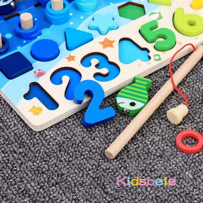 Montessori Math Puzzle Toy Wooden Board | 5-in-1 Counting, Sorting, Stacking & Magnetic Fishing Game | Screen-Free Learning