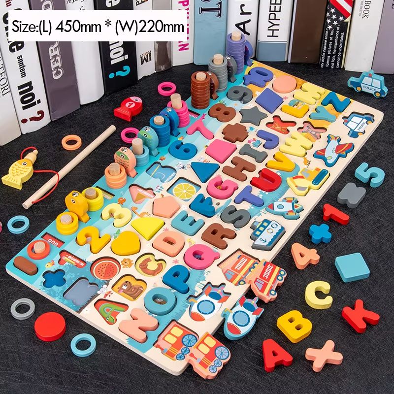 Montessori Math Puzzle Toy Wooden Board | 5-in-1 Counting, Sorting, Stacking & Magnetic Fishing Game | Screen-Free Learning