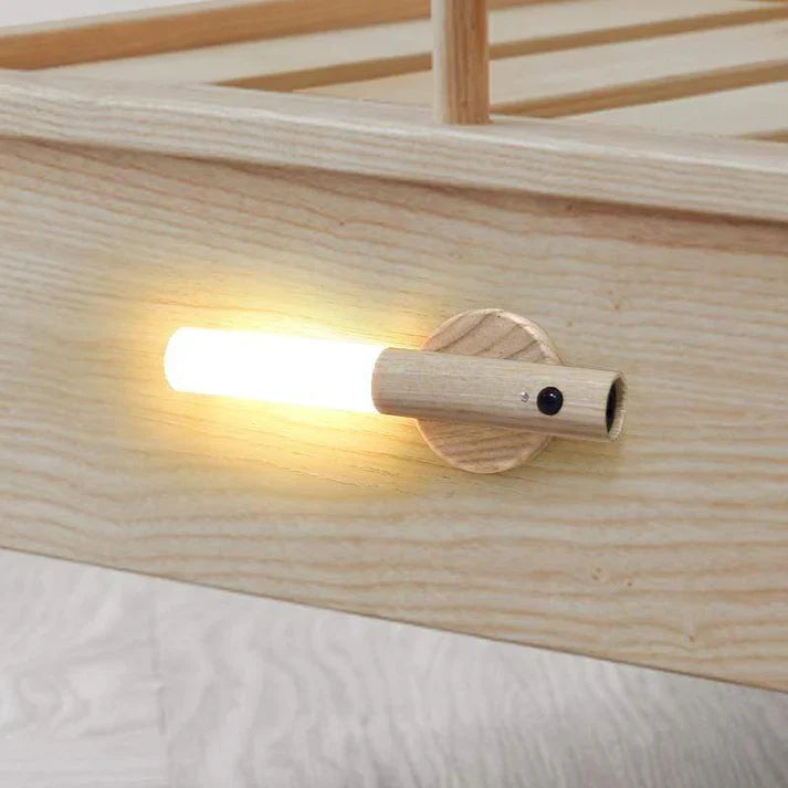 Motion Sensor Torch Lamp Wood & Acrylic | Walnut or Ash | Cordless Magnetic Wall Mount, Rechargeable Night Light