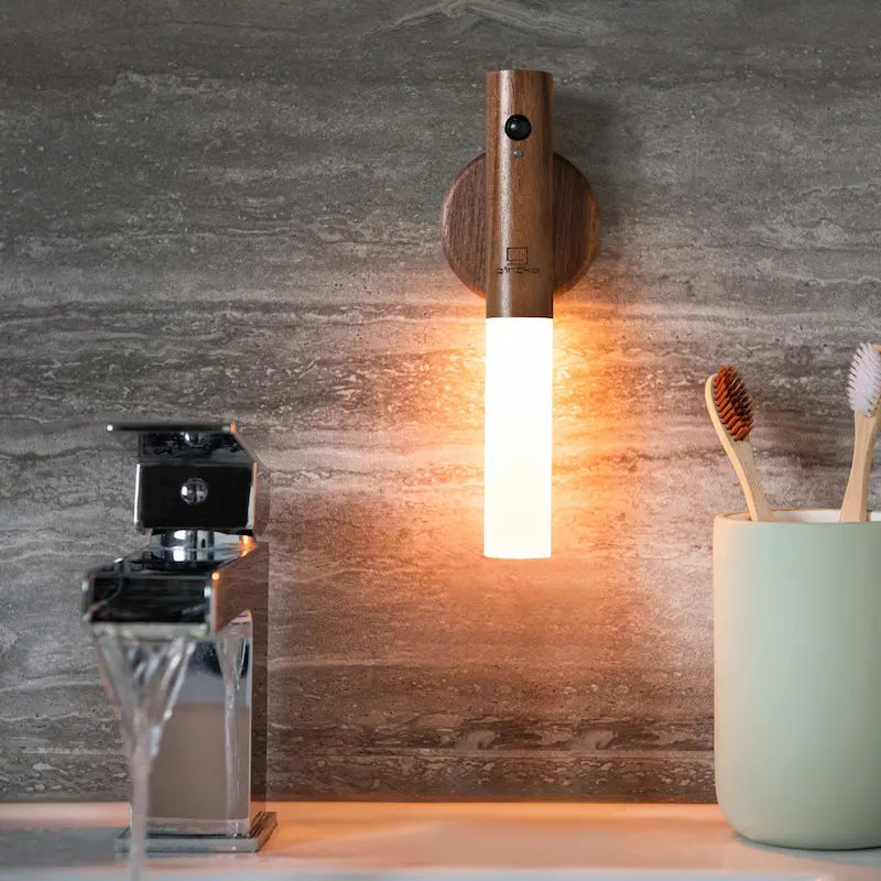 Motion Sensor Torch Lamp Wood & Acrylic | Walnut or Ash | Cordless Magnetic Wall Mount, Rechargeable Night Light
