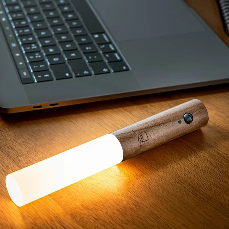 Motion Sensor Torch Lamp Wood & Acrylic | Walnut or Ash | Cordless Magnetic Wall Mount, Rechargeable Night Light