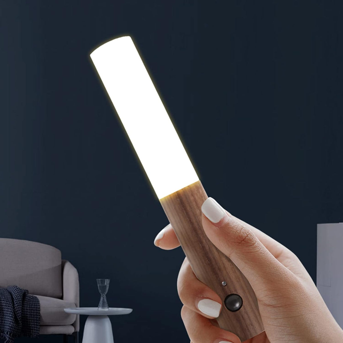 Motion Sensor Torch Lamp Wood & Acrylic | Walnut or Ash | Cordless Magnetic Wall Mount, Rechargeable Night Light