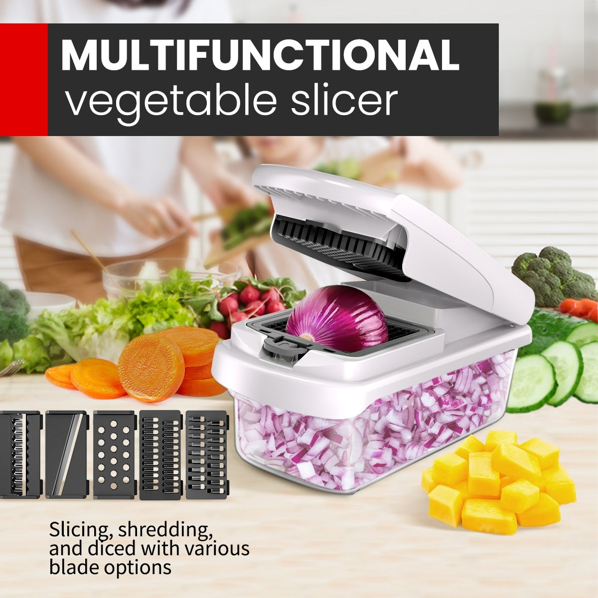 Multifunction Vegetable Chopper | 15-Piece Prep Set with Stainless Steel Blades | Slice, Dice, Grate & Julienne