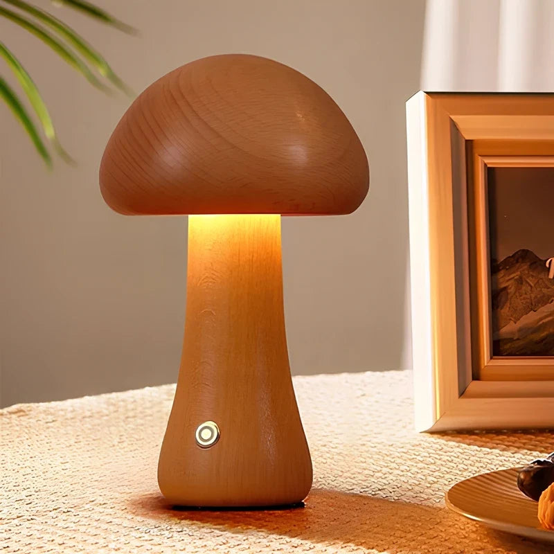 Wooden Mushroom Table Lamp Solid Wood | Cordless Rechargeable Dimmable Nightlight | Up to 10 Hours Warm White Glow 19