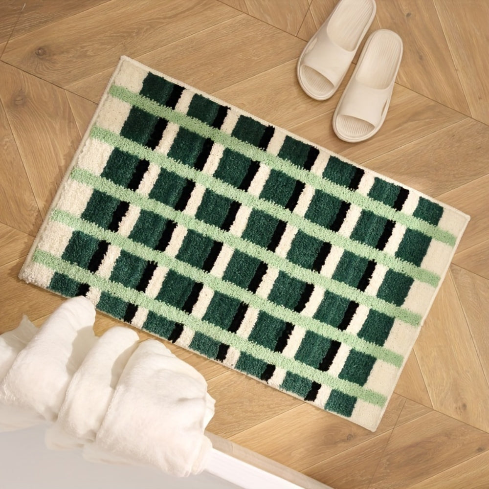 Non-Slip Bath Mat - Soft Flocked Fabric, Geometric Design