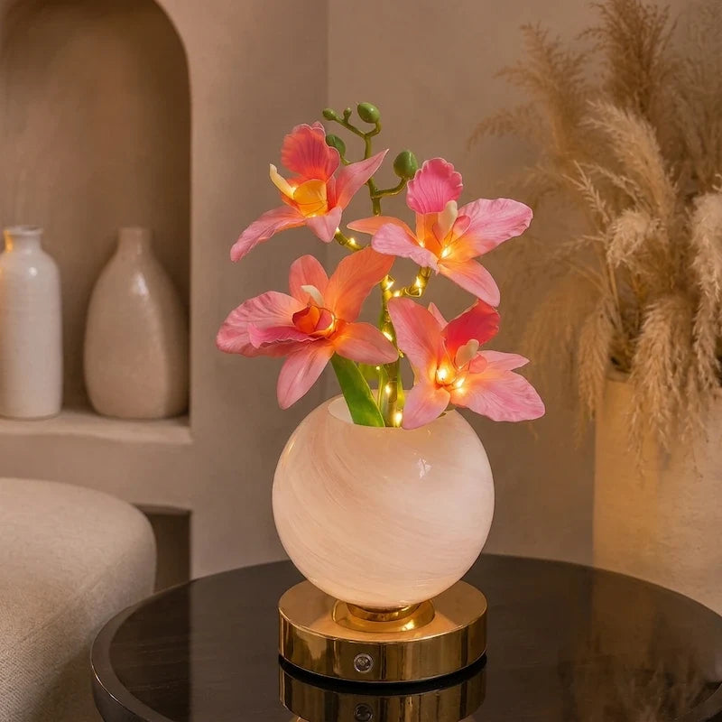 Orchid Vase Lamp, Rechargeable Cordless | Wrought Iron and Glass | Azure, Champagne, Blush, Dimmable