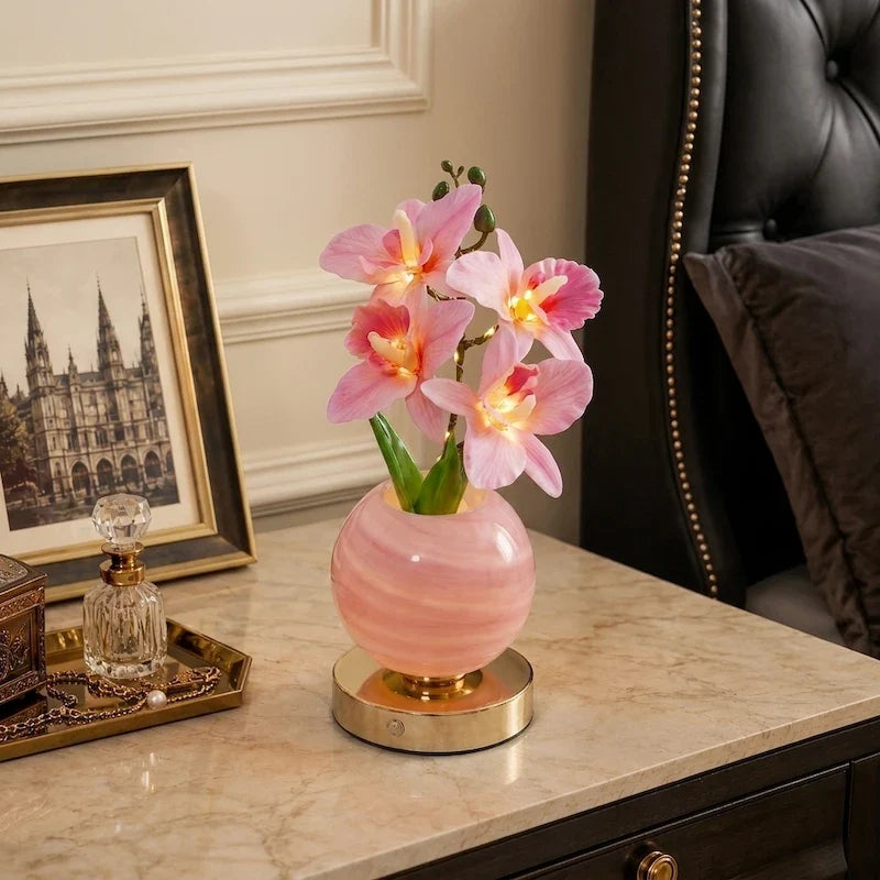 Orchid Vase Lamp, Rechargeable Cordless | Wrought Iron and Glass | Azure, Champagne, Blush, Dimmable