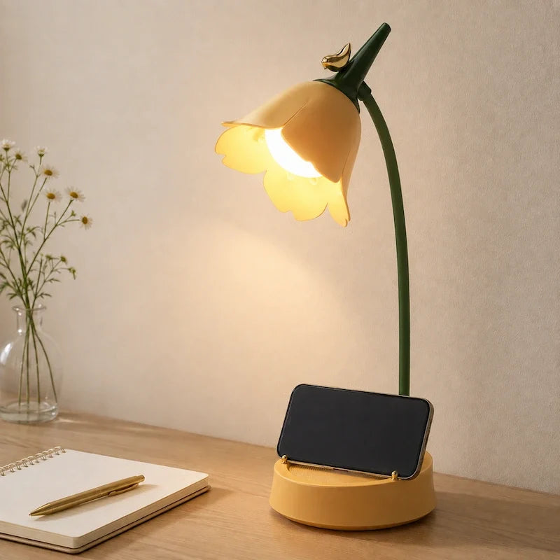 Petal Shade Desk Lamp | Rechargeable, 3-Tone Dimmable, 12-Hour Battery | ABS, Curved Stem, 39 x 15 x 12.5 cm, 4 Colours