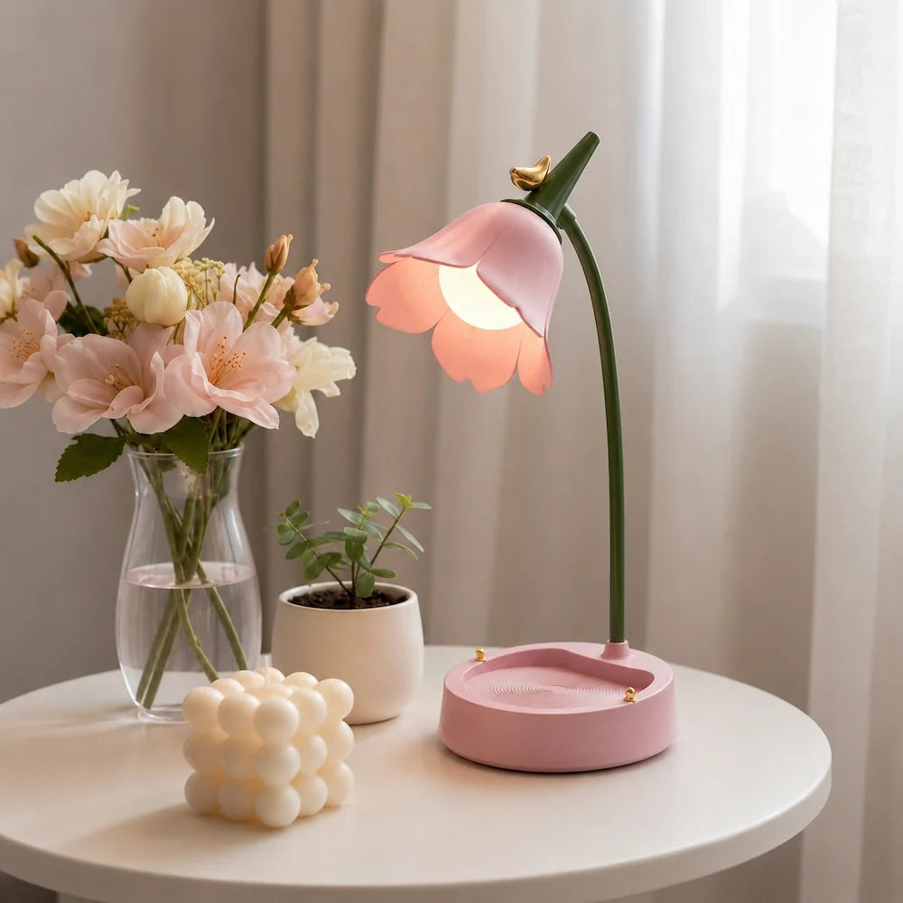 Petal Shade Desk Lamp | Rechargeable, 3-Tone Dimmable, 12-Hour Battery | ABS, Curved Stem, 39 x 15 x 12.5 cm, 4 Colours