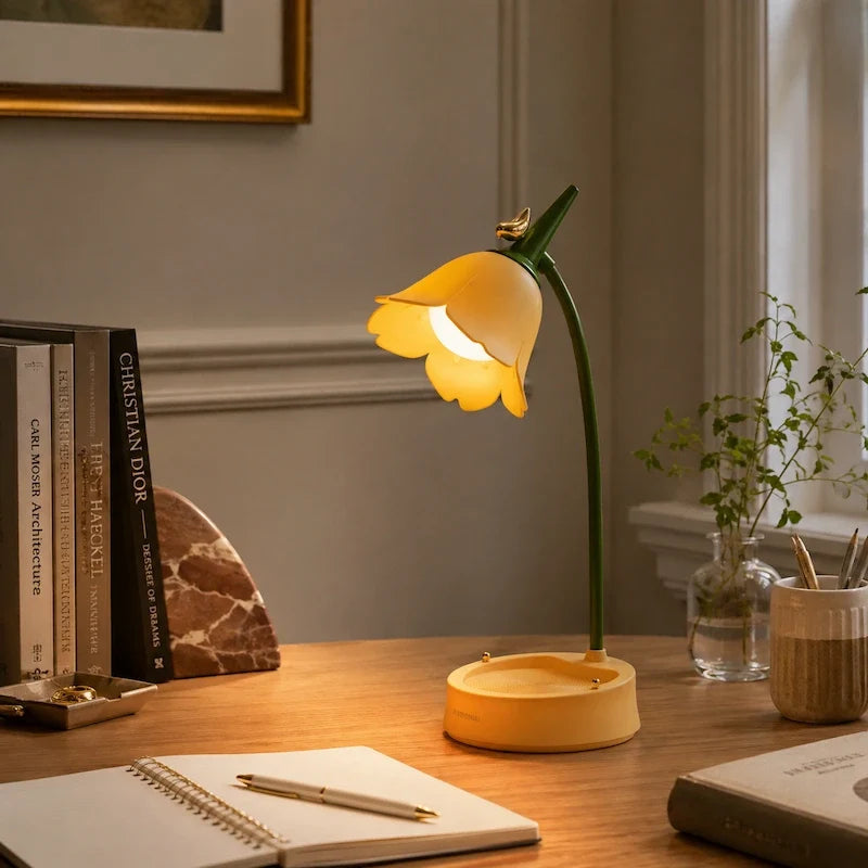 Petal Shade Desk Lamp | Rechargeable, 3-Tone Dimmable, 12-Hour Battery | ABS, Curved Stem, 39 x 15 x 12.5 cm, 4 Colours