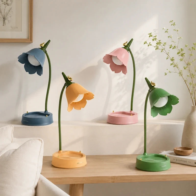 Petal Shade Desk Lamp | Rechargeable, 3-Tone Dimmable, 12-Hour Battery | ABS, Curved Stem, 39 x 15 x 12.5 cm, 4 Colours