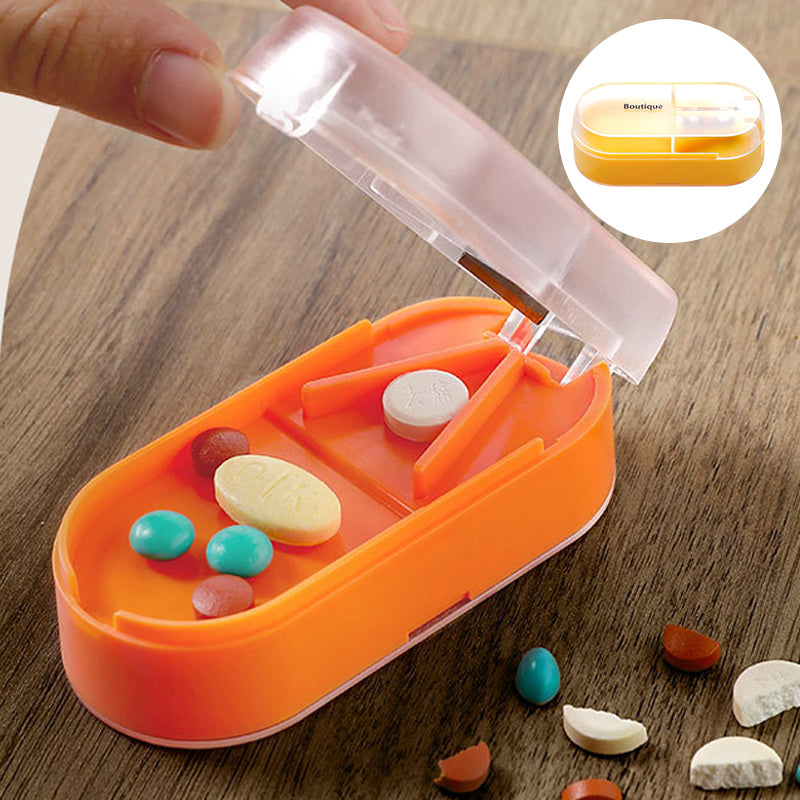 Pill Cutter & Storage Box Stainless Steel Blade | V-Shaped Grip for Accurate Splitting | 3 Compartments for Organised Doses